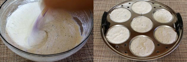 Collage of 2 images showing eno mixed in the batter and idli tray is filled.