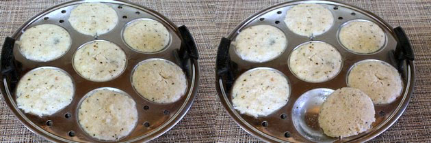 Collage of 2 images showing steamed idli and removed from the tray.