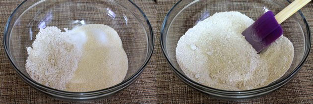 Collage of 2 images showing oats powder and rava in a bowl and mixed.