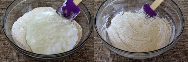 Collage of 2 images showing adding and mixing yogurt.