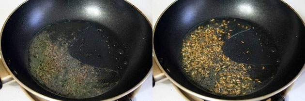 Collage of 2 images showing tempering of mustard seeds and cumin seeds.