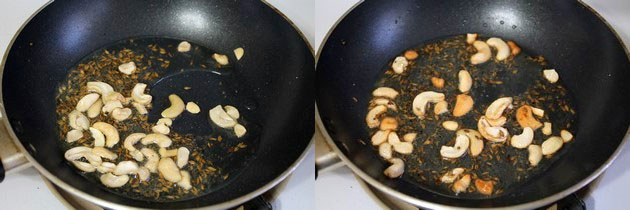 Collage of 2 images showing adding and frying cashews.