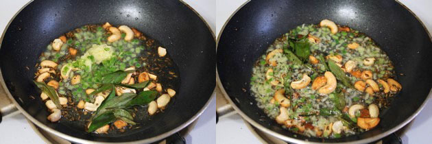 Collage of 2 images showing adding and sauteing ginger, chili and curry leaves.