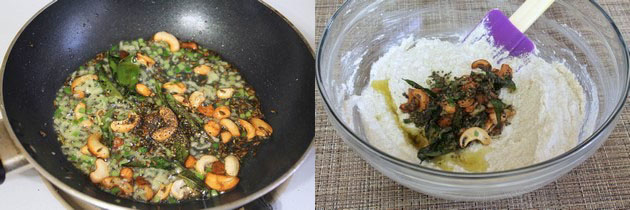  Collage of 2 images showing adding pepper cumin powder and added to the idli batter.