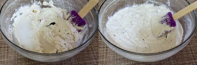 Collage of 2 images showing adding water to the batter and mixed.
