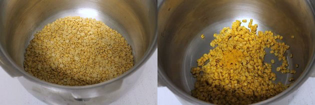 washed toor dal and turmeric powder in pressure cooker