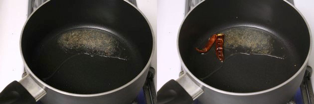 tempering of mustard seeds and dried red chilies.