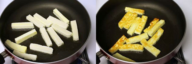 Collage of 2 images showing shallow frying paneer in a pan.