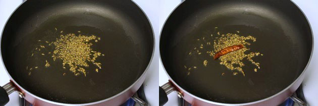 Collage of 2 images showing tempering of cumin seeds and dry chili.