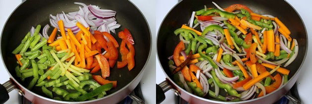 Collage of 2 images showing adding and mixing veggies.