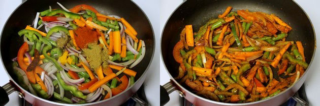 Collage of 2 images showing adding spice powders and mixed.
