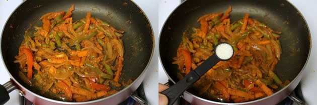 Collage of 2 images showing cooked veggies and adding sugar.