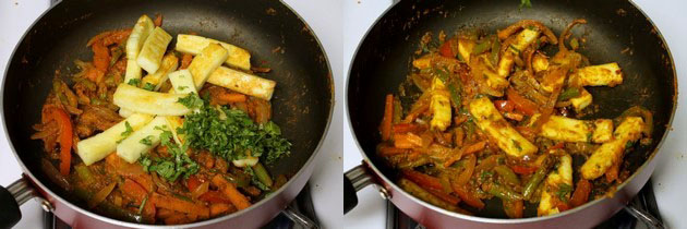 Collage of 2 images showing adding fried paneer and cilantro and mixed. 