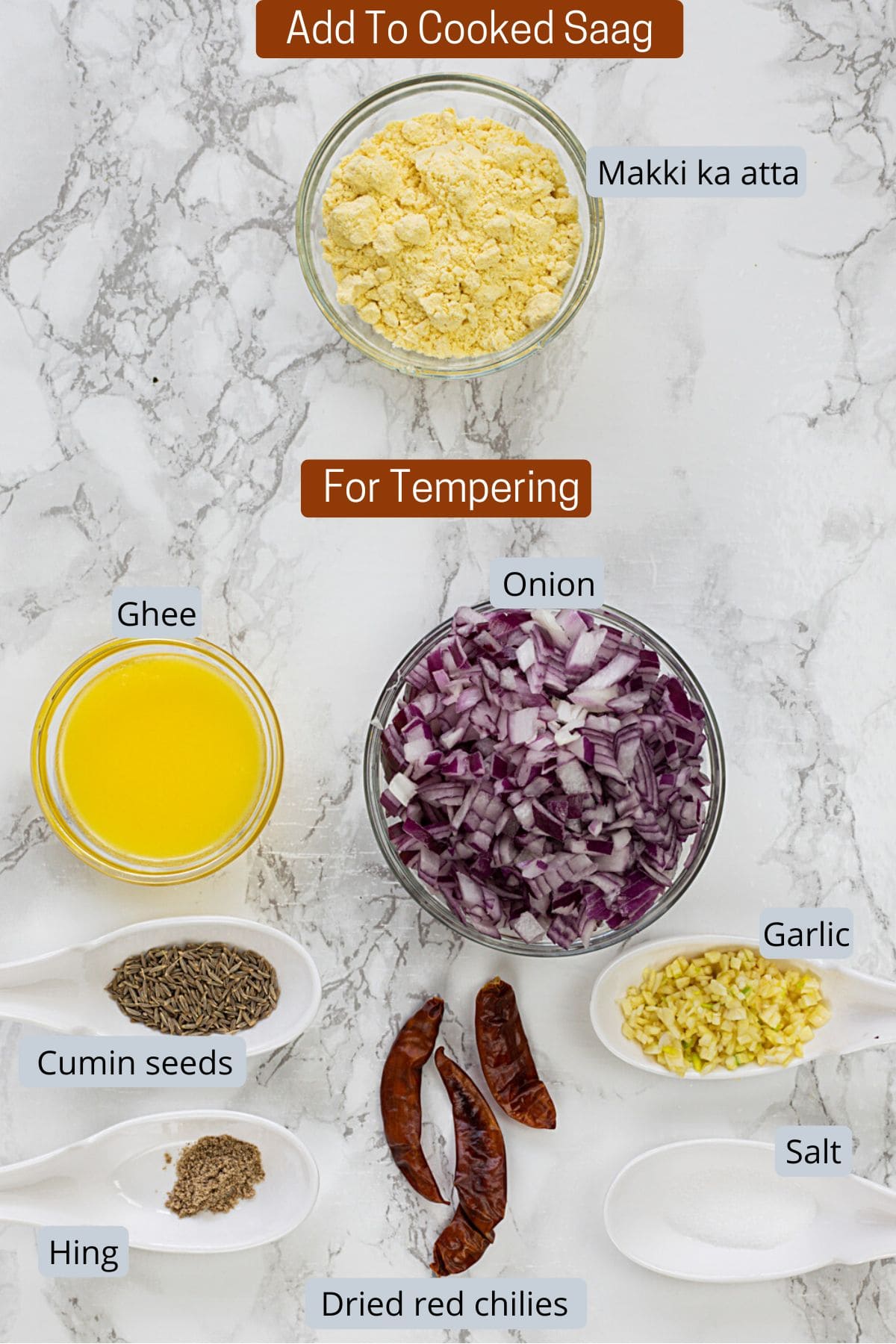 Tempering ingredients in bowls and spoons with labels.