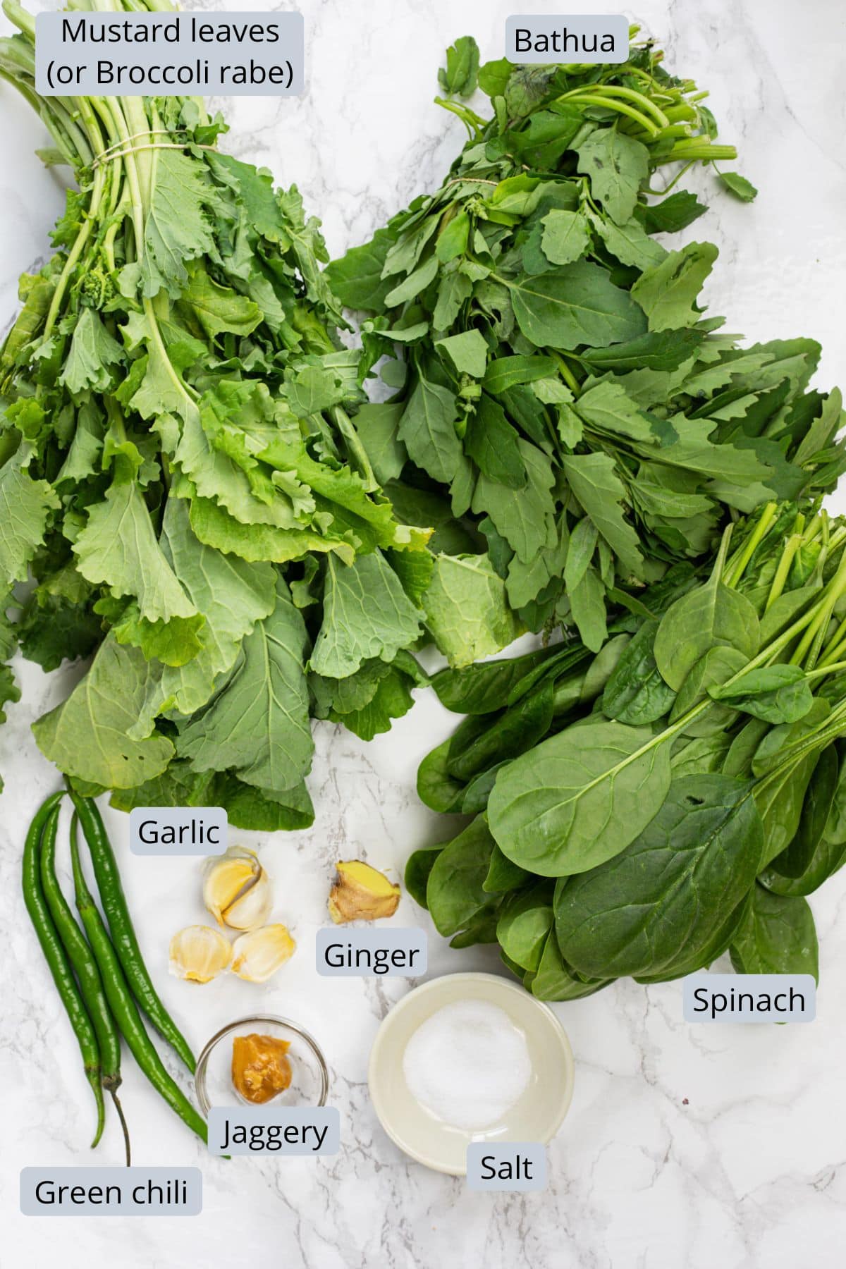 Sarson ka saag ingredients in bowls with labels.