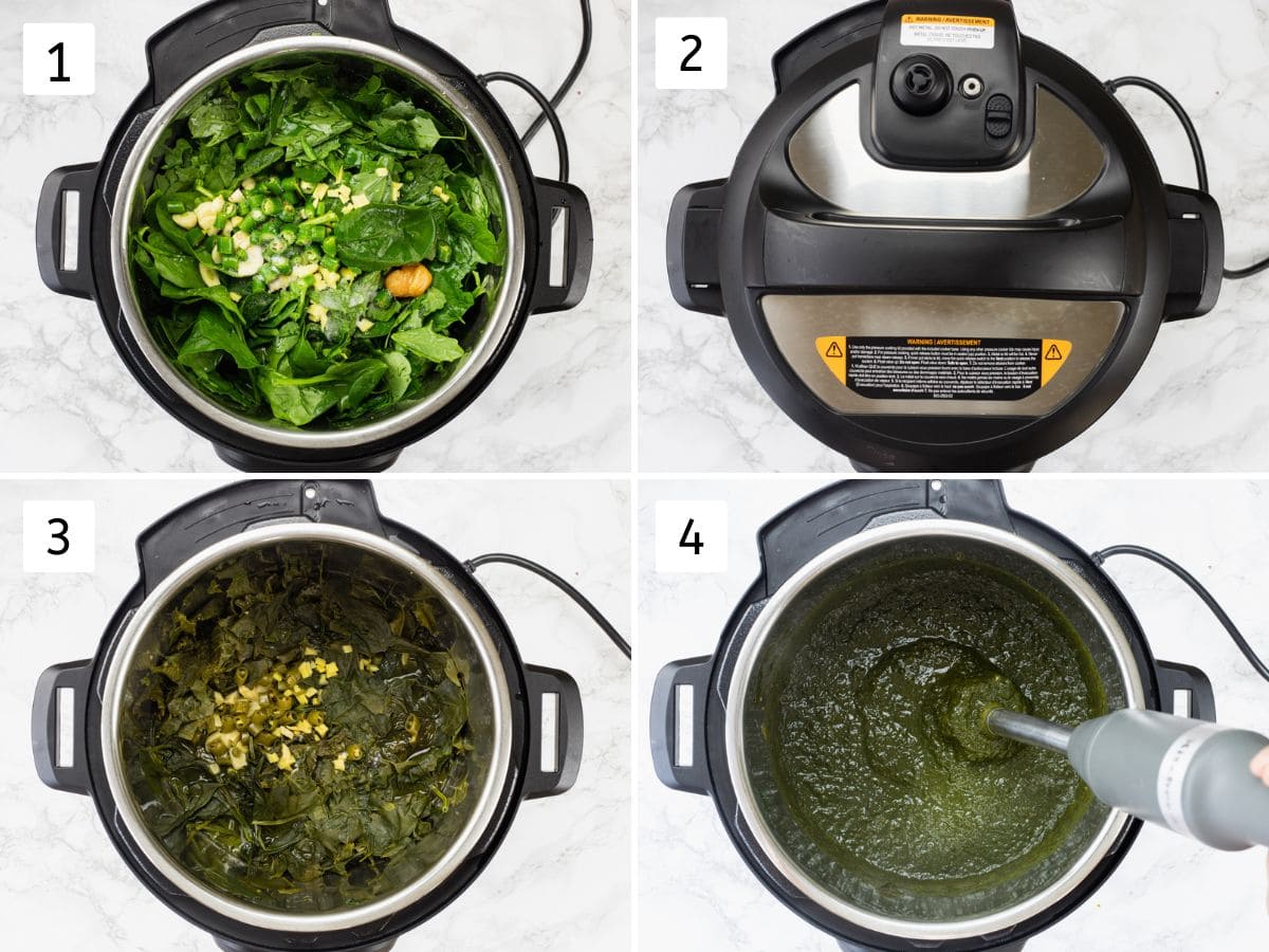 Collage of 4 steps showing cooking greens in instant pot and pureeing with hand blender.