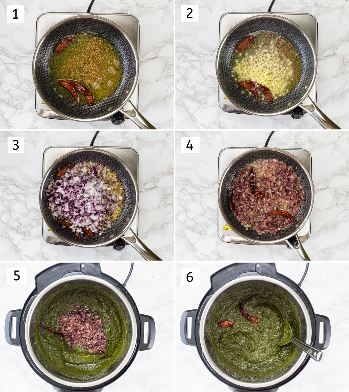 Collage of 6 steps showing tempering made with whole spices and cooking onion, garlic, adding to saag.