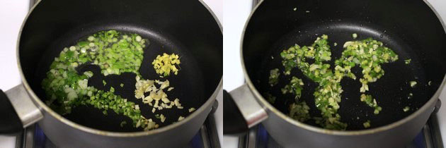 Collage of 2 images showing adding and sauteing ginger, garlic, green chili and celery.