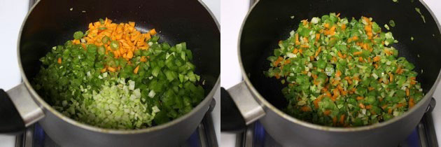 Collage of 2 images showing adding and cooking veggies.