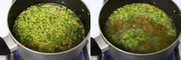 Collage of 2 images showing simmering soup.