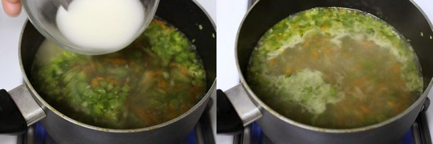 Collage of 2 images showing adding corn starch slurry and simmering soup.