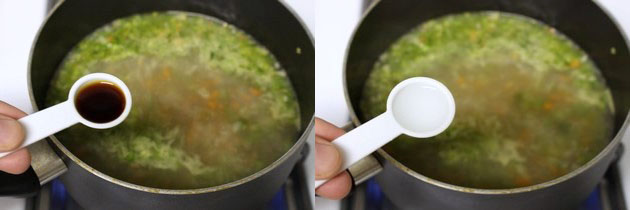 Collage of 2 images showing adding soy sauce and vinegar.