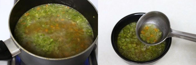 Collage of 2 images showing ready soup and poured into a bowl.