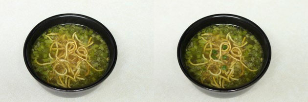 Collage of 2 images showing topped with fried noodles and spring onion greens.