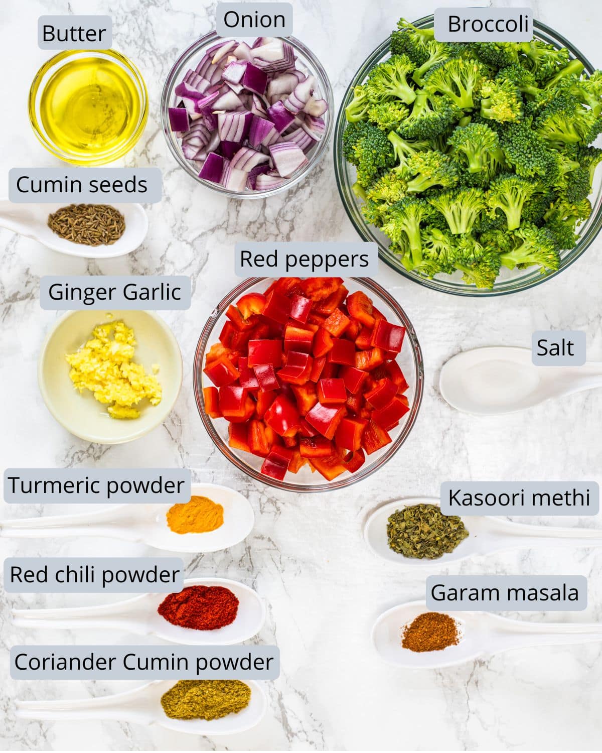 Broccoli sabzi recipe ingredients in bowls and spoons with labels.