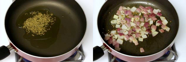 Collage of 2 images showing tempering cumin seeds and cooking onion.