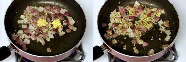 Collage of 2 images showing adding and sauteing ginger garlic paste.