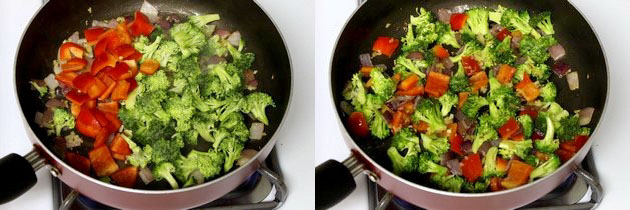 Collage of 2 images showing adding and mixing broccoli florets and red pepper.