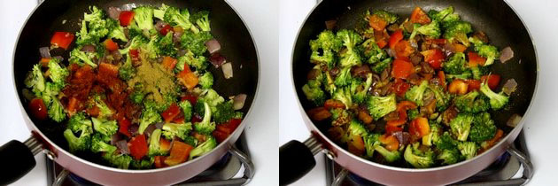 Collage of 2 images showing adding and mixing spices.