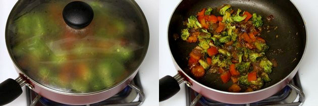 Collage of 2 images showing pan is covered with lid and cooked sabzi.