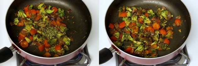 Collage of 2 images showing adding remaining spices and mixed.