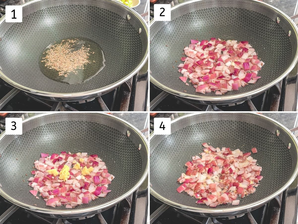 Collage of 4 images showing tempering with cumin seeds, cooking onion and ginger garlic paste.