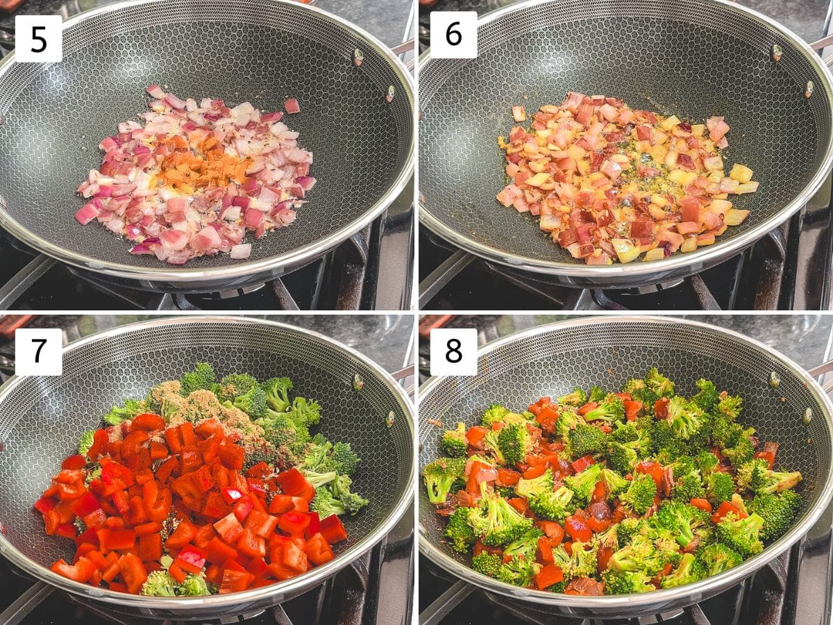 Collage of 4 images showing adding turmeric powder, mixing broccoli, red peppers and spices.