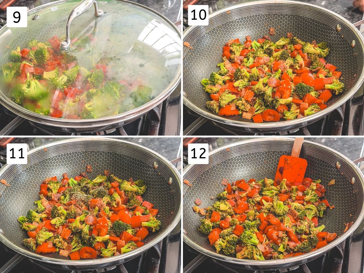 Collage of 4 images showing pan is covered with lid, cooked sabzi with seasoning added.