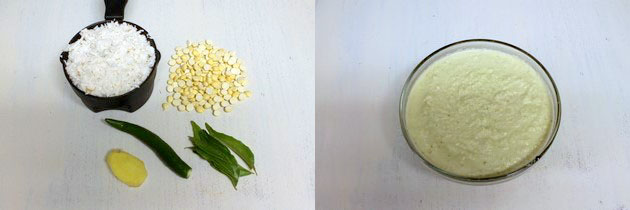 Collage of 2 images showing chutney ingredients and ground paste in a bowl.