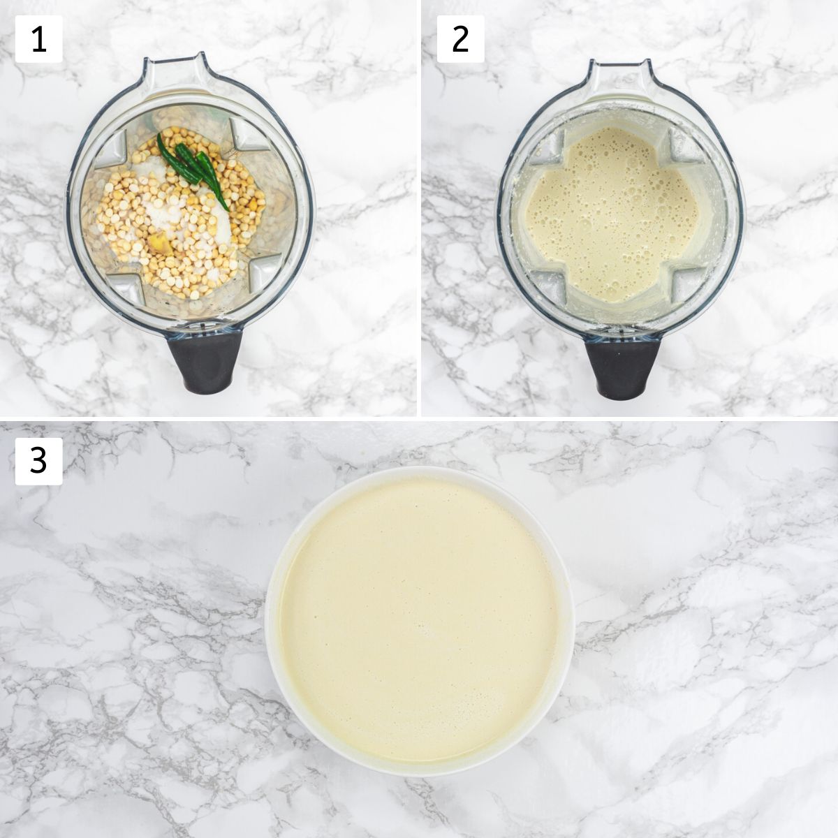 Collage of 3 images showing chutney ingredients in blender, ground to paste and removed to a bowl.