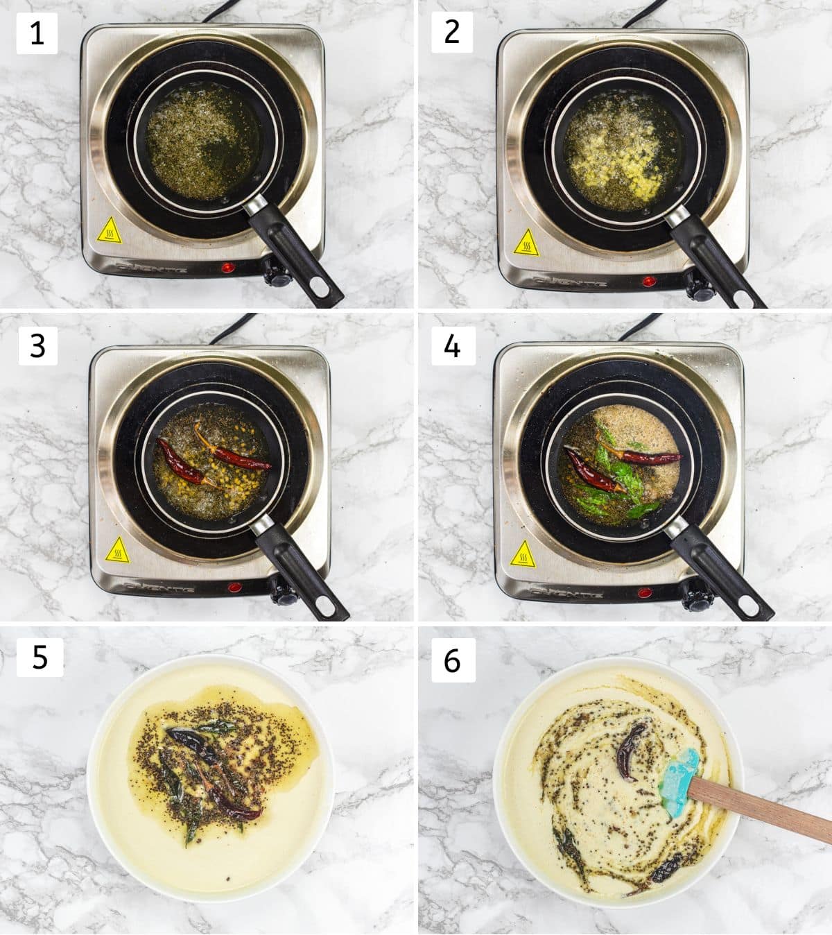Collage of 6 images showing tempering is made, added to chutney and mixed.