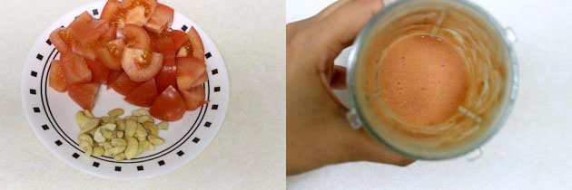 Collage of 2 images showing tomato cashews in a plate and ground into puree.
