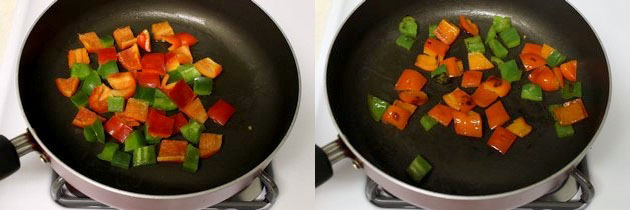 Collage of 2 images showing cooking green and red peppers in the pan.