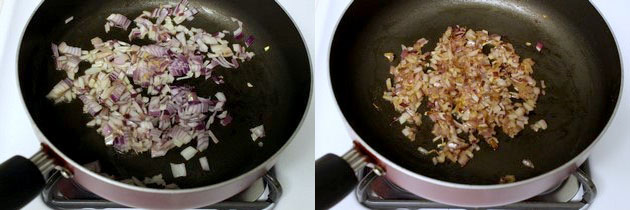 Collage of 2 images showing cooking onions.