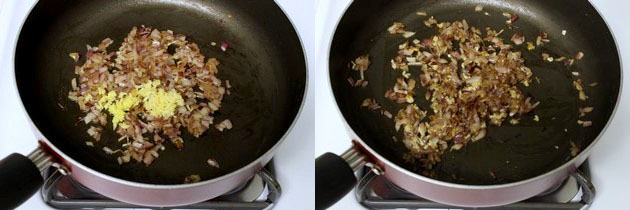 Collage of 2 images showing adding and sauteing ginger garlic paste.