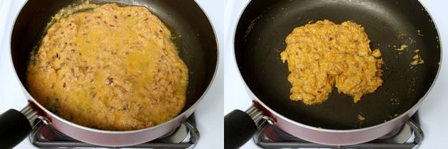 Collage of 2 images showing adding and cooking tomato puree.