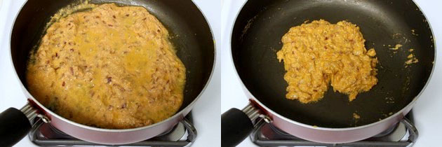 Collage of 2 images showing adding and cooking tomato puree.