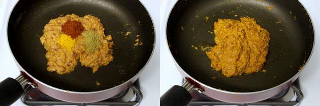 Collage of 2 images showing adding and mixing spice powders.