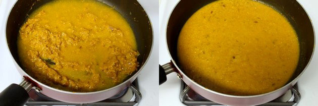 Collage of 2 images showing adding water and simmering gravy.