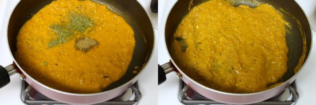 Collage of 2 images showing adding and mixing garam masala and kasoori methi.